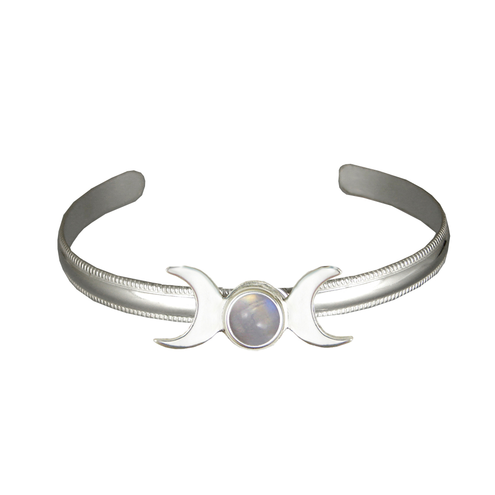 Sterling Silver Moon Phases Cuff Bracelet With Rainbow Moonstone